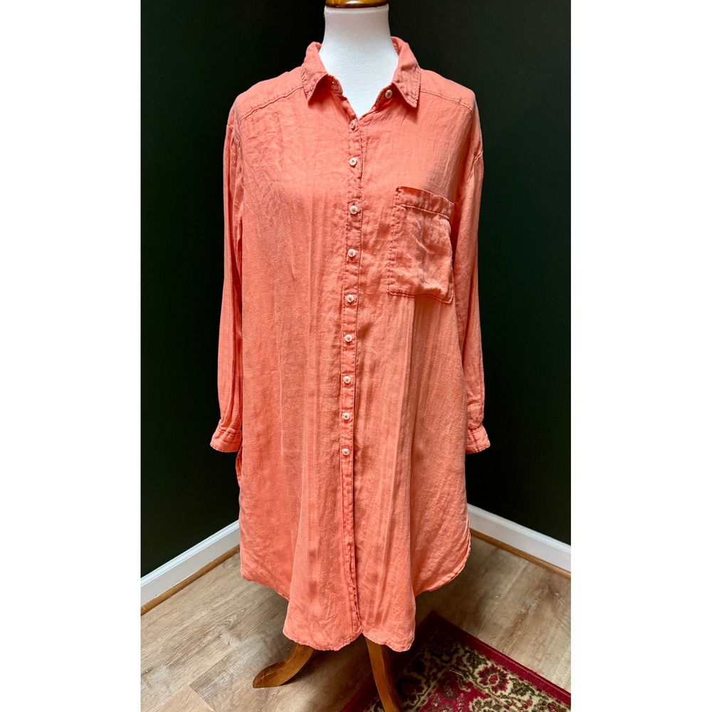 Anthropologie Relaxed Buttontown Linen Tunic Top Orange/Red Women's L
